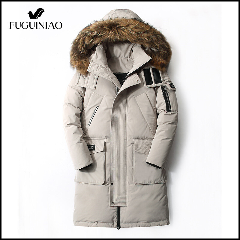 Fuguiniao Men Hooded Winter Warm Down Coat Male White Duck Down Jackets Hight Quality Lengthen Parka Coat