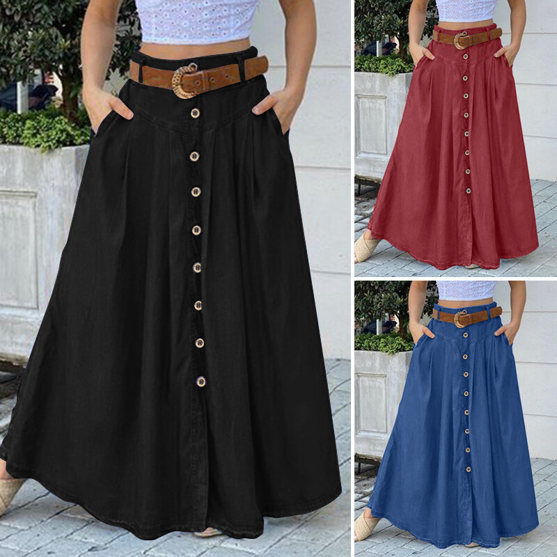ZANZEA Womens Pleated Button Down Skirts A Line Flare Swing Solid Long Maxi Skirts