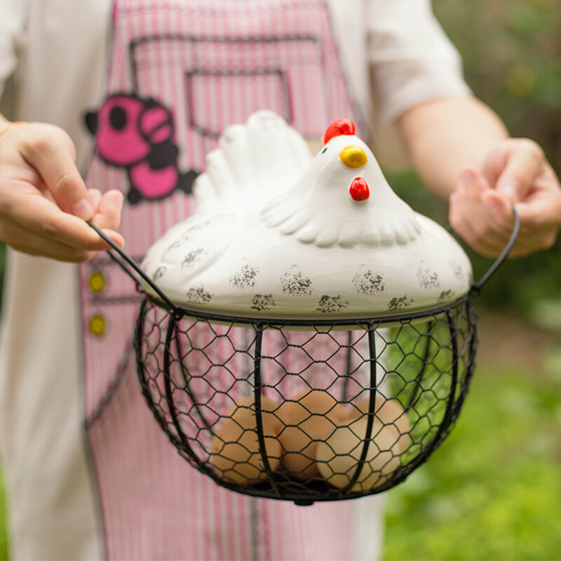 Ceramic Cute Egg Holder for 15 Eggs Chicken Wire Egg Basket Fruit Basket Collection Ceramic Hen Oraments Decoration Kitchen Storage Can Holder  19CMX22CM