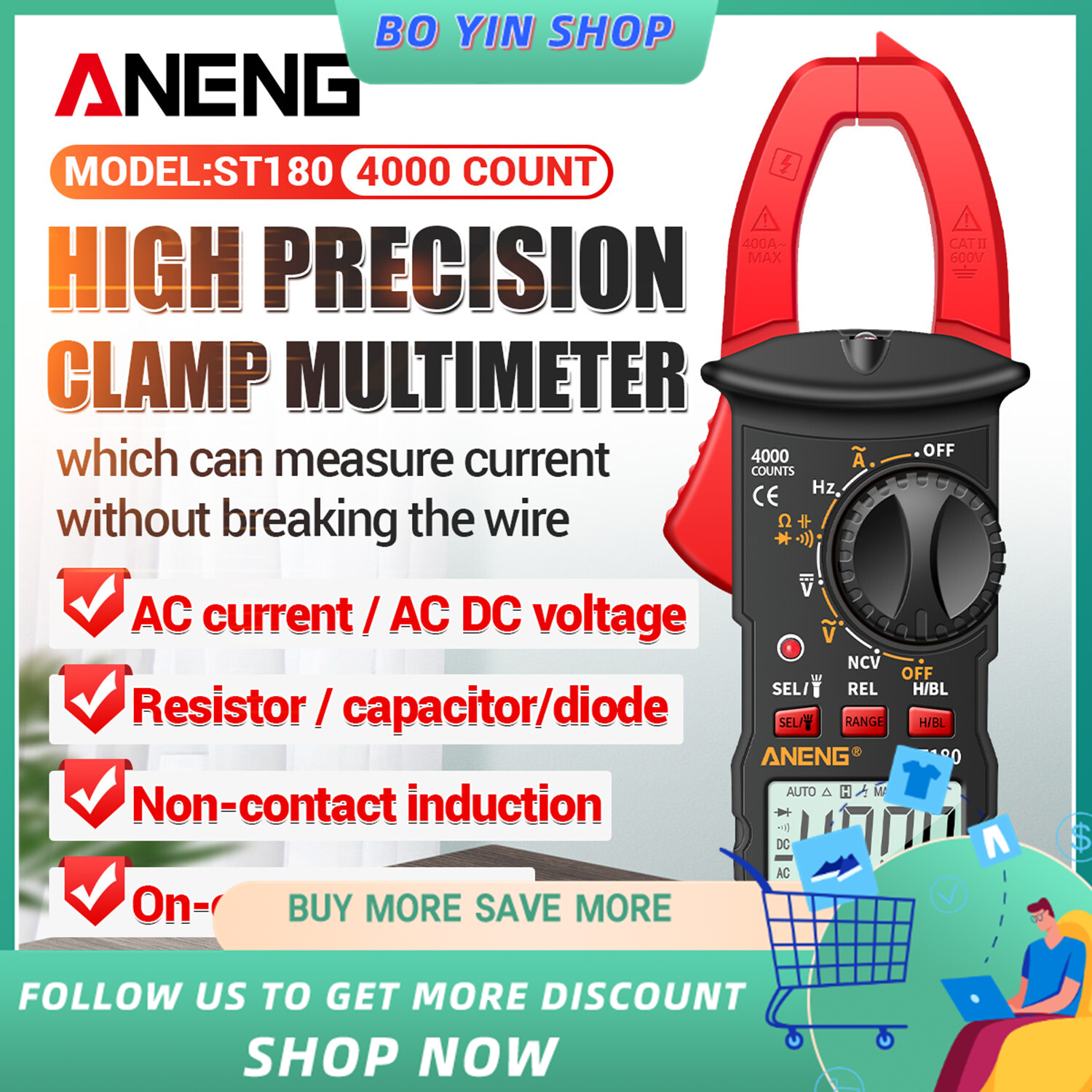 Bo yin aneng st180 4000 counts digital clamp meter multimeter clamp multimeter voltmeter ammeter ac dc voltage ac current meter ncv tester universal meter tester current clamp tester -30~1000°c temperature