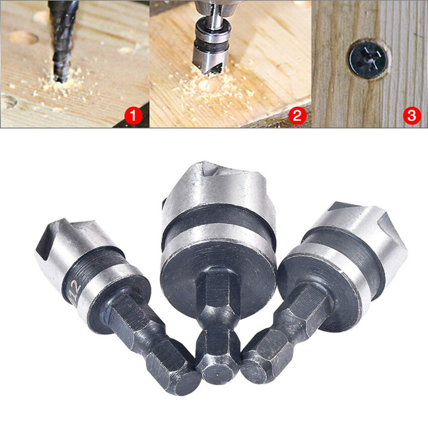 3PCS Countersink Drill Bit Hss Hex Chamfer Five Pears Hexagonal 90 Degrees Boring Drill Shank Carbon Steel Woodworking Tools Set