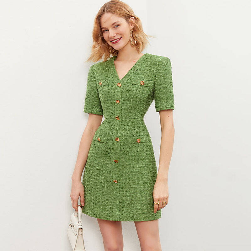 French Small Fragrance Dress Women's Summer V-neck Temperament Waist Tweed Casual Slim Dress