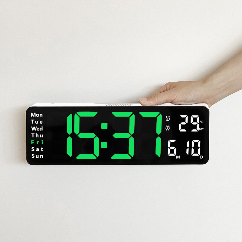Clock 13 inch minimalist sitting and hanging dual purpose living room clock, large font electronic clock, multiple sets of alarm clocks, temperature on the same screen every week