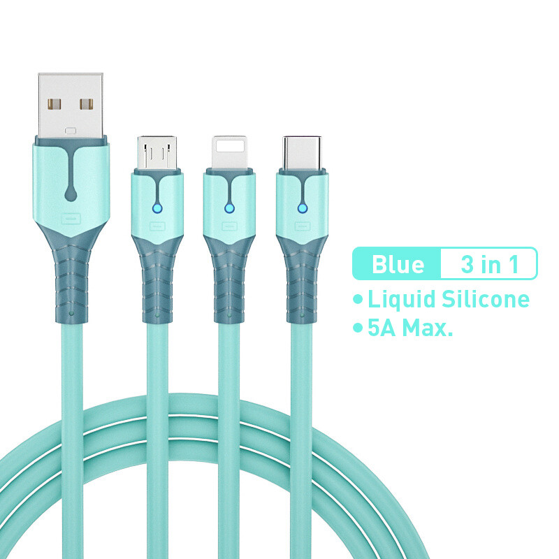 VAORLO Newest Liquid silicone 3 in 1 Fast Charging Cable Micro USB Type-C Lightning Cable 5A LED Charger Cord For iPhone 13 7 plus Huawei OPPO Universal charging cable Mobile Accessories