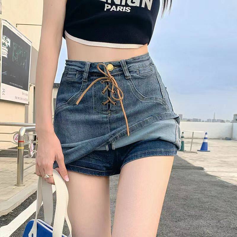 High waisted lace up denim clearance skirt