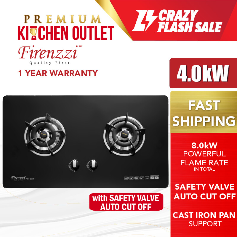 Firenzzi 4.0kW 2 Burners Safety Valve Safety Device Tempered Glass Hob