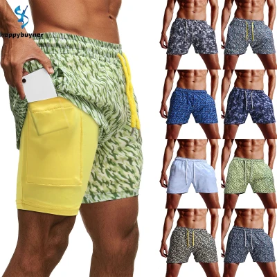 Happybuyner Running Gym For Mens Shorts Athletic Running Shorts 2 in 1 Gym Workout Fitness Cotton Camo Shorts with Pockets Swim Short