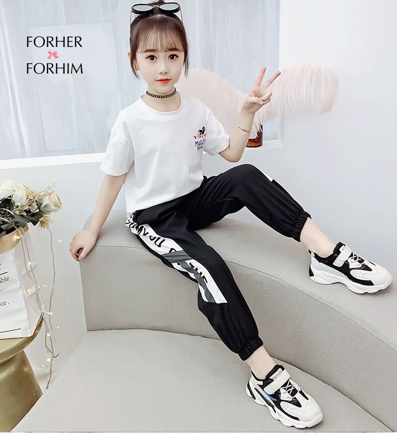 FORHER FORHIM 2PCS Girl's Summer Suit 2020 New Foreign Children's 8-12 Summer Sports Two-piece Yellow White Girl FH0452