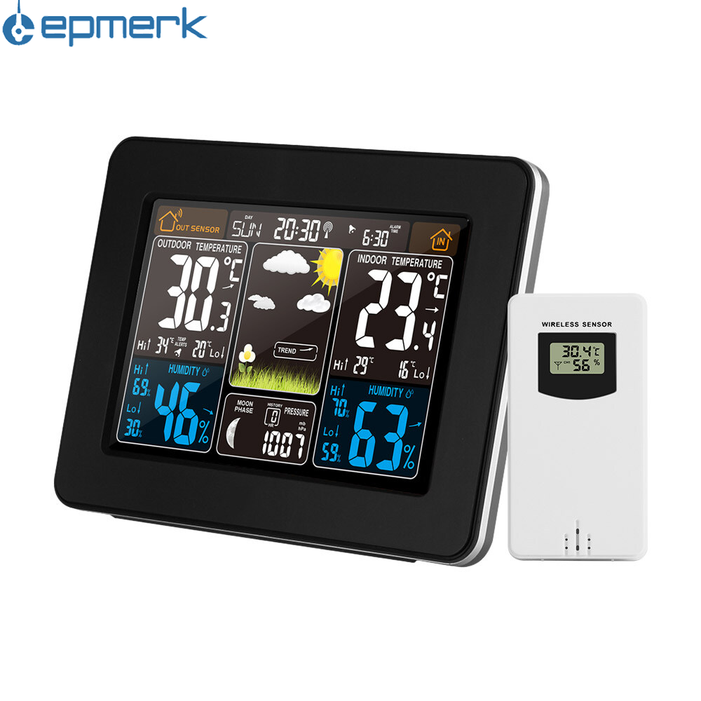 Lepmerk Color Weather Station Indoor/Outdoor Wire less Temperature Humidity Barometer Thermometer Hygrometer Electronic Desk Table Clocks Weather Forecast with Outdoor Sensor