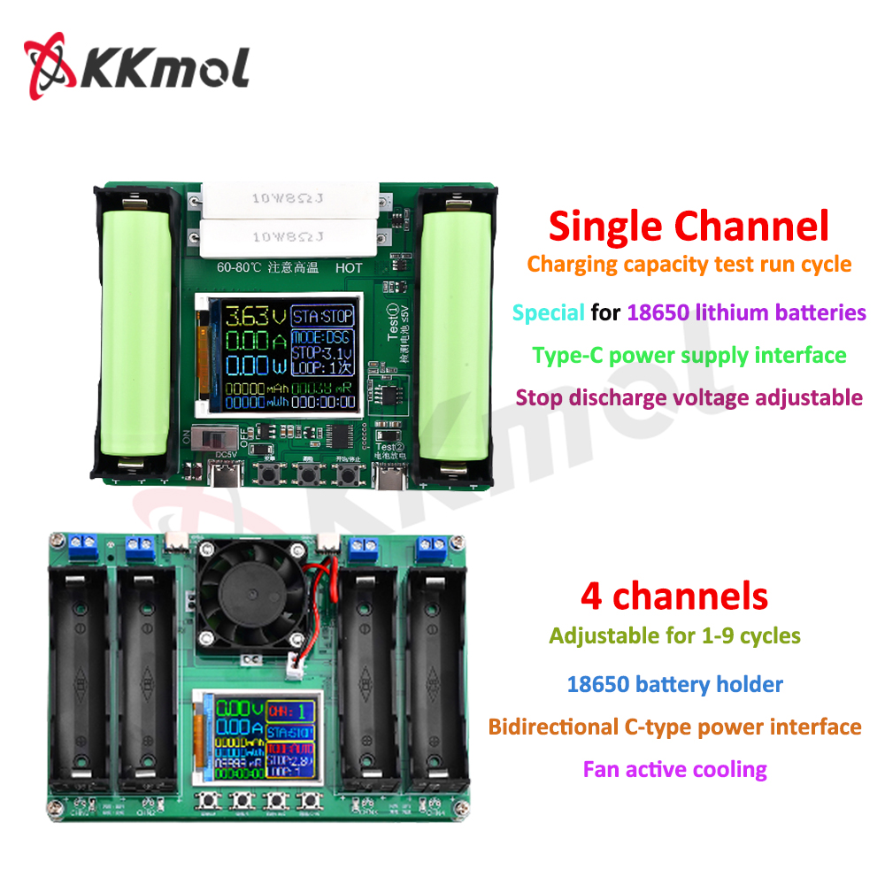 KKmol Single Channel/4 Channel 18650 Dung lượng pin Đầu dò điện trở trong Bộ sạc và xả tự động Loại cổng c Đo sạc và xả 1~9 chu kỳ Điều chỉnh sạc và xả