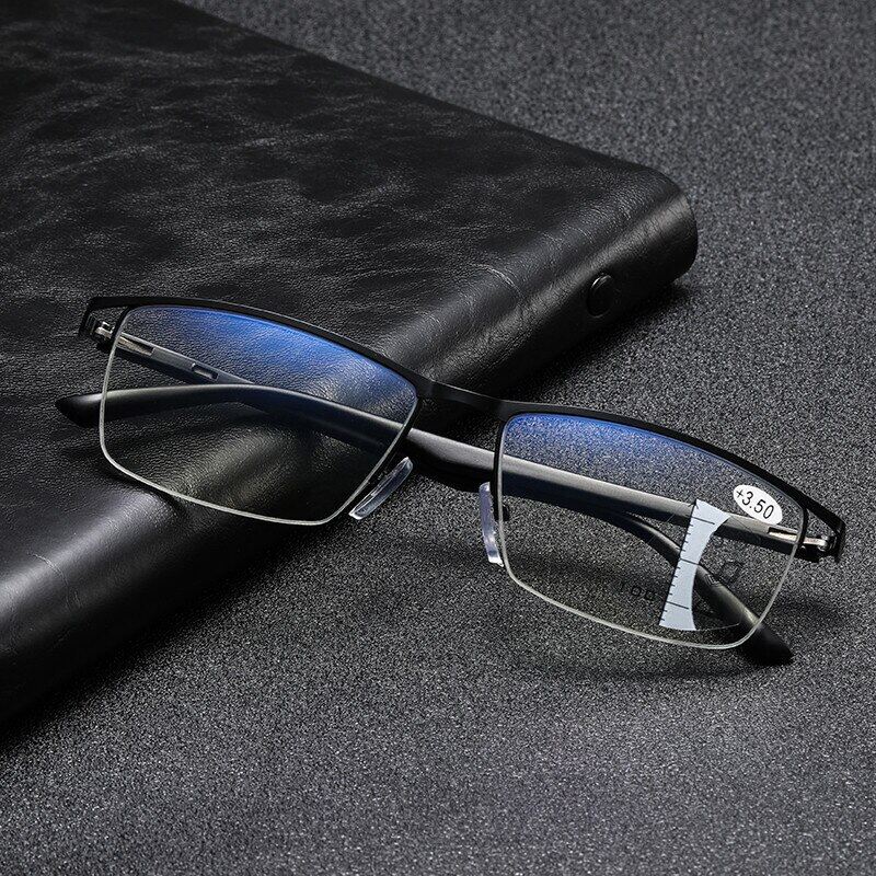 TR90 Adjustment Multi-focus Photochromic Reading Glasses Progressive Men Half-Frame Anti-Blue Light Finished Glasses Black