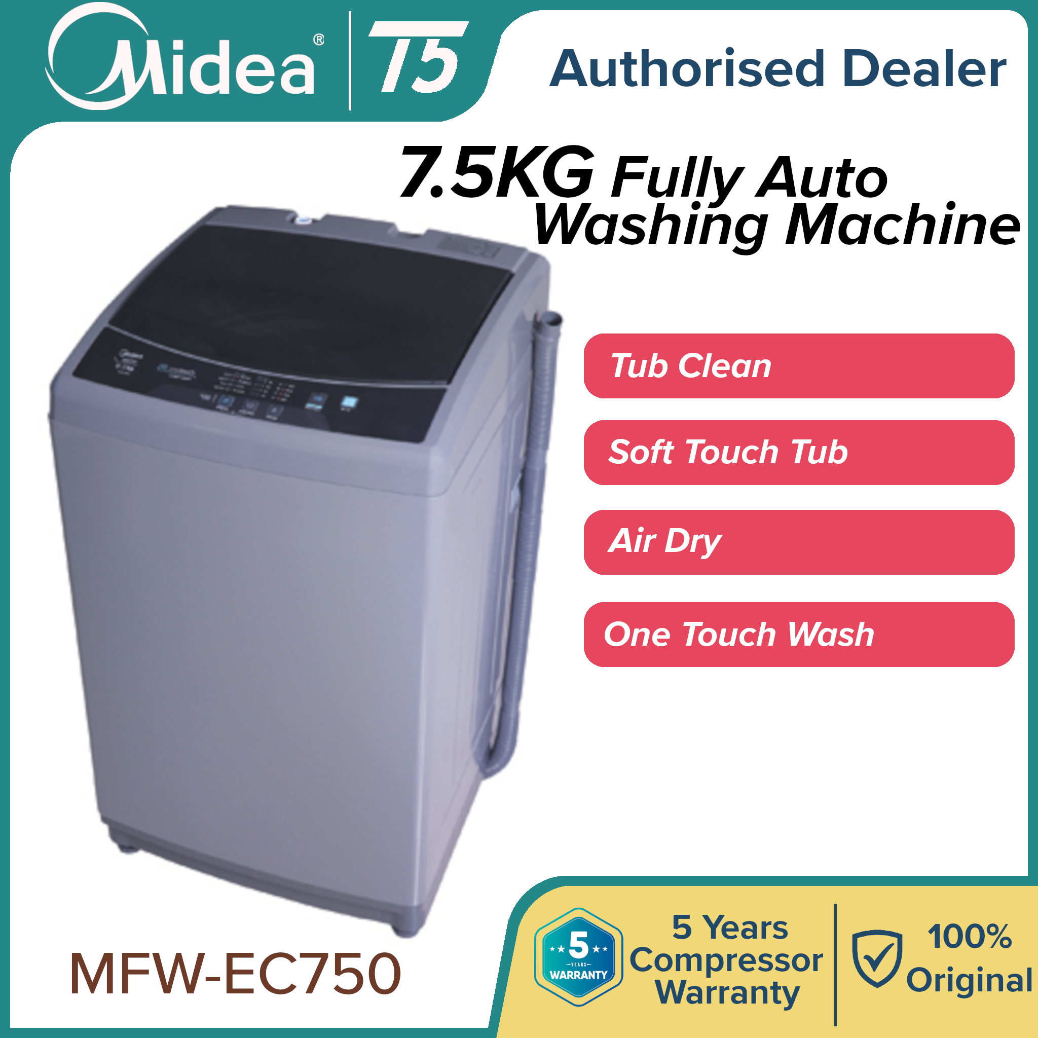 Midea Fully Automatic 7.5kg Washing Machine MFWEC750 / MA100W75/WK/E