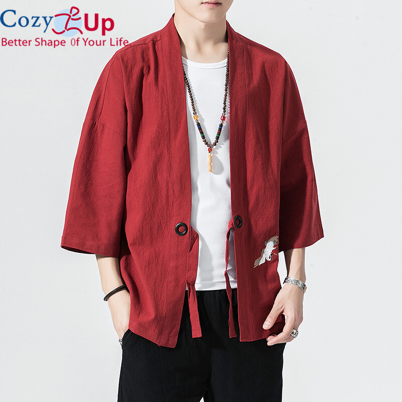 Cozy Up Chinese style Japan Men Cotton Linen Embroidery Robes Tang Suit Sleeves Coat Loose Wind Breeze Cardigan Kimono Summer Shirt