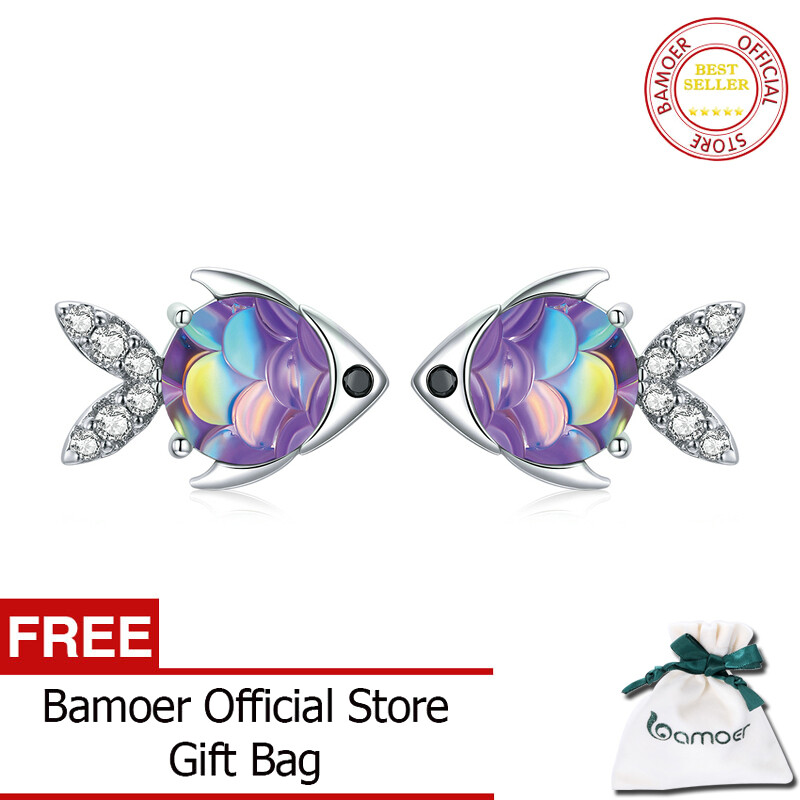 BAMOER Silver Fish Stud Earrings 100% 925 Sterling Silver Happy Tropical Litte Fish Earring for Women Fashion Jewelry SCE1028