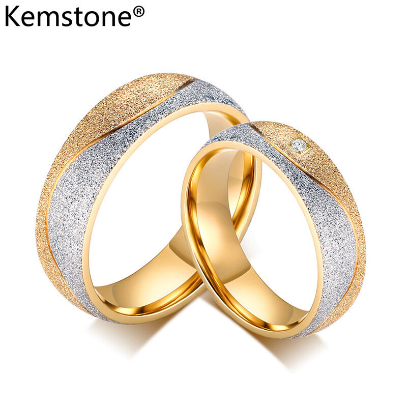 Kemstone 6MM Stainless Steel Gold Silver Plated Zircon Couple Ring Men Women Jewelry Gift