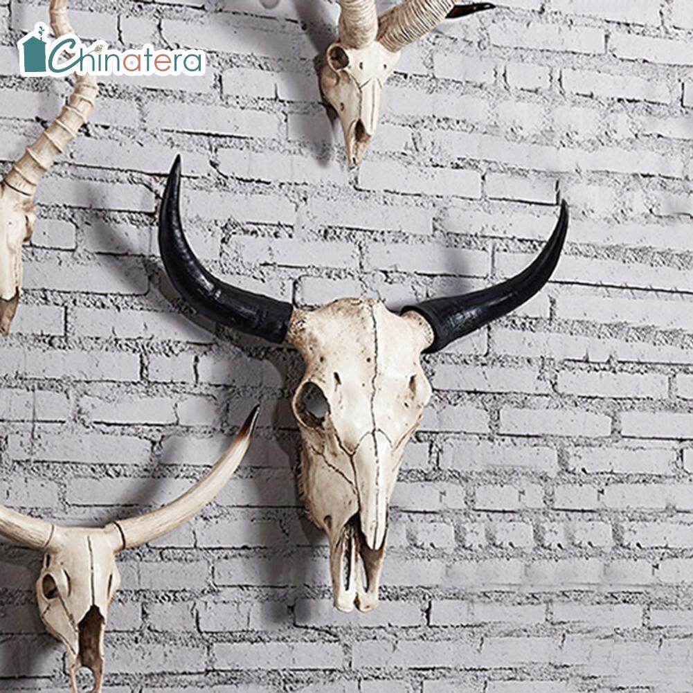 [Chinatera] Retro Punk Style Resin Longhorn Cow Skull Head Wall Hanging Decorations Ornaments 3D Animal Wildlife Horns Sculpture Figurines Crafts for Home Bar Restaurant Decor