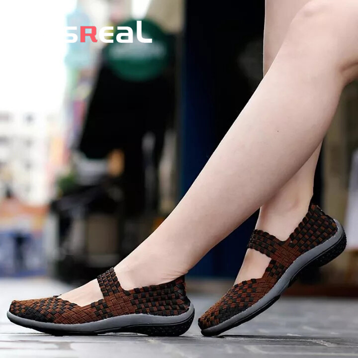 DOSREAL Women Shoes Summer Walking Shoes Mixed Colors Weave Outdoor Shoes Soft Breathable Handmade Women Flat Casual Shoes