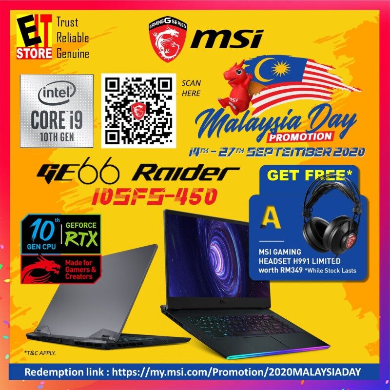 MSI GE66 RAIDER 10SFS-450 GAMING LAPTOP (I9-10980HK+HM470/16GB/1TB SSD /15.6 FHD 240Hz/RTX 2070 SUPER 8GB /W10/2YRS) + BACKPACK Malaysia