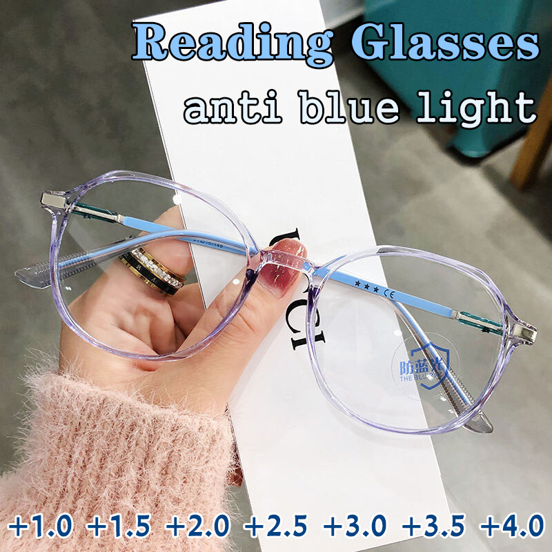 แว่นอ่านหนังสือแฟชั่นสำหรับผู้หญิงผู้ชายป้องกันแสงสีฟ้าโปร่งใสรูปหลายเหลี่ยม Prebyopia แว่นตา Hperopia พร้อม Diopter + 1.0...+ 4.0สำหรับผู้มีสายตายาว