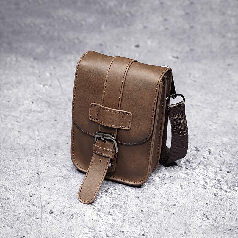 Leather men Brown Casual Fashion Small Shoulder Messenger Bag Designer Travel Belt Waist Pack Drop Leg Bag Male Sling bag with adjustable shoulder strap