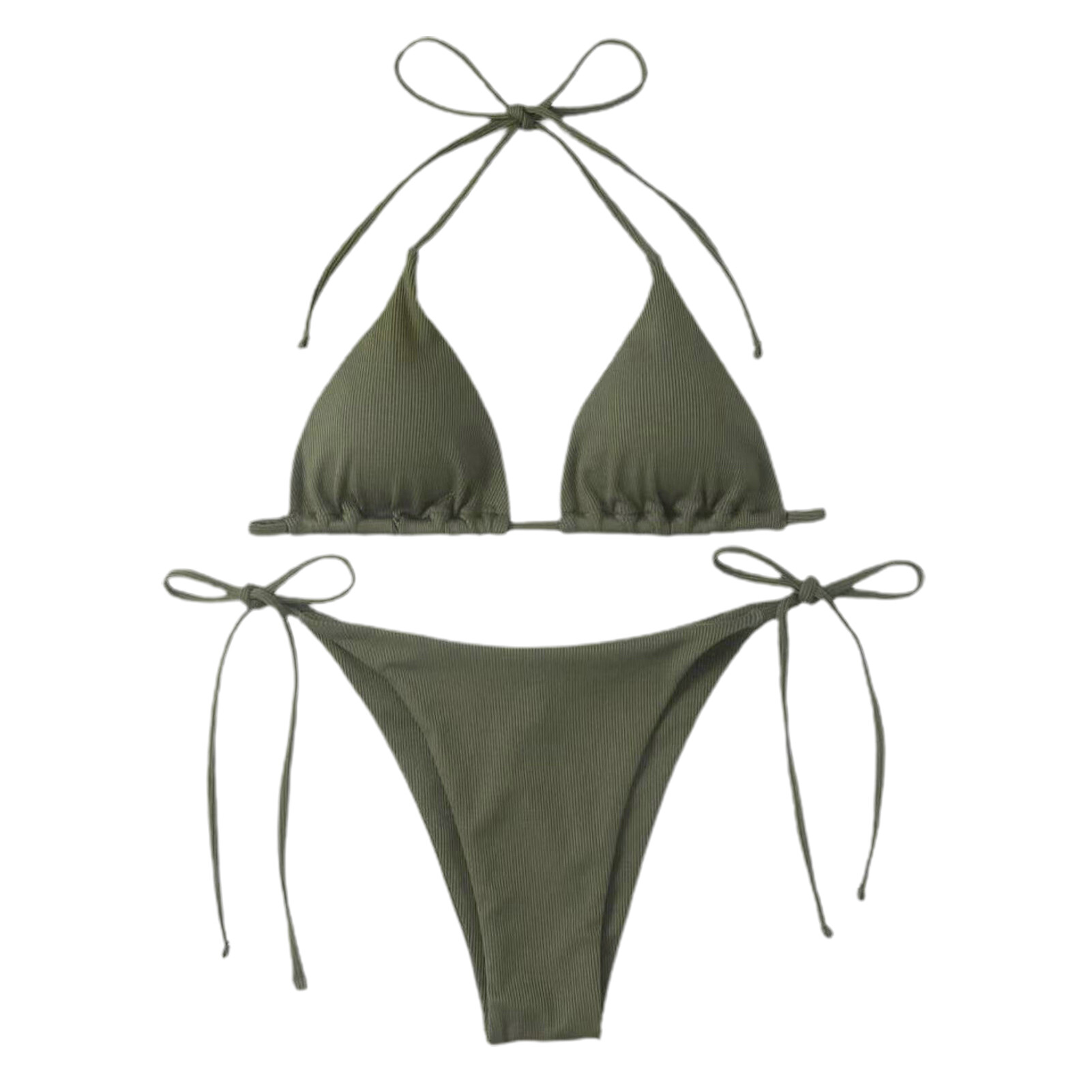 Witty Code 2Pcs/Set Ribbed Backless Pads Bikini Set Halter Triangle Bra Side Tie Thong Swimwear Beachwear Bikini Set Ribbed