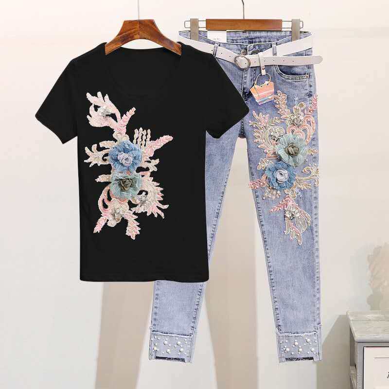 Yushu 2024 Cute Pig Print Women Sets Short Sleeve T Shirt And Jeans Female Sets 2pcs Clothing Female Casual Suits Women Pant Set