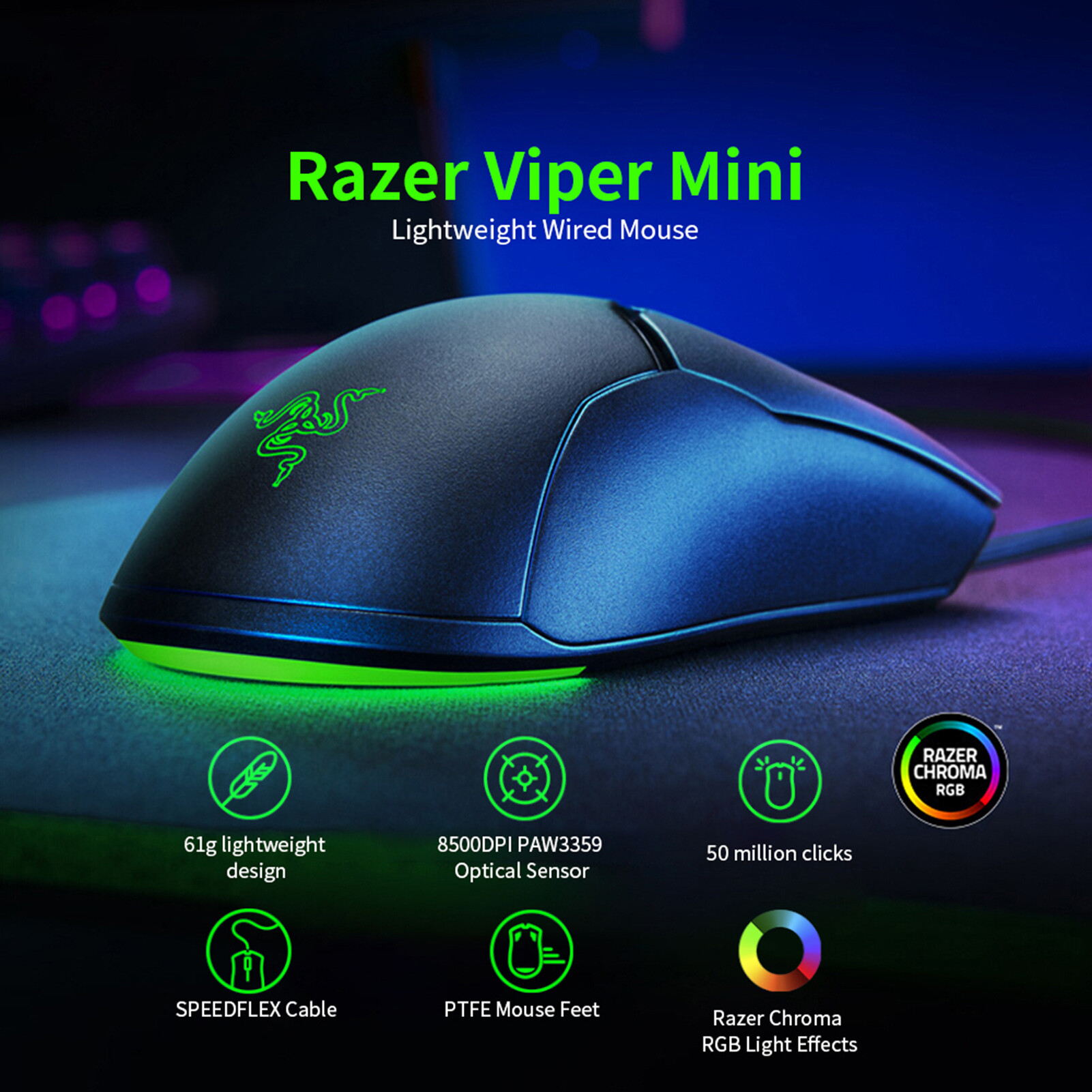 For razer viper wired mouse speedflex cable chroma rgb lightweight 8500dpi optical sensor mini gaming mouse for pc