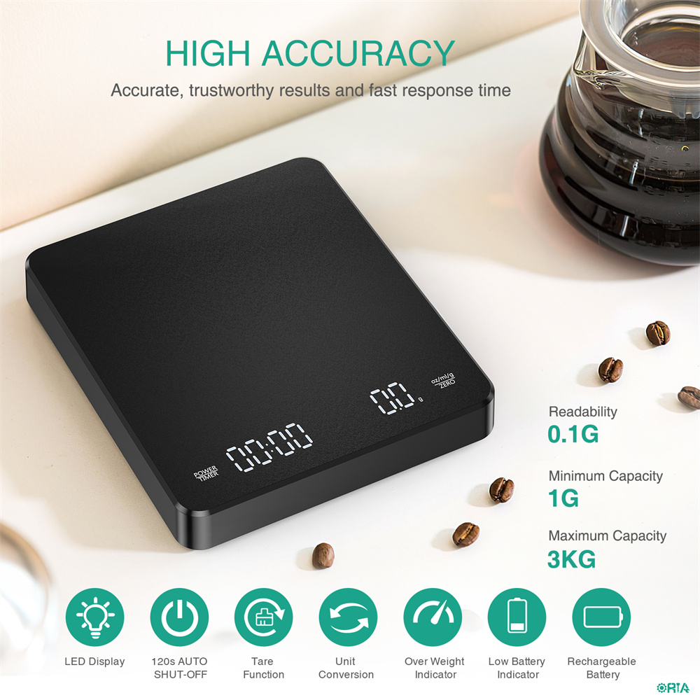 ORIA Digital Coffee Scale, Rechargeable Coffee Scale with Timer, 3kg/0.1g Drip Espresso Scale with Touch Sensor Operation and Invisible Screen, Measures in Grams, Ounces, and Milliliter Black