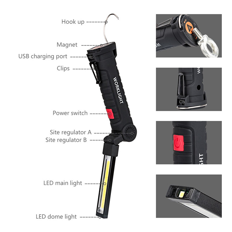 FONIX Đèn Pin LED COB Đèn Làm Việc 5 Chế Độ Đèn Xoay 360 Từ Tính Có Thể Sạc Lại USB Tiện Dụng Đèn Móc Treo SOS