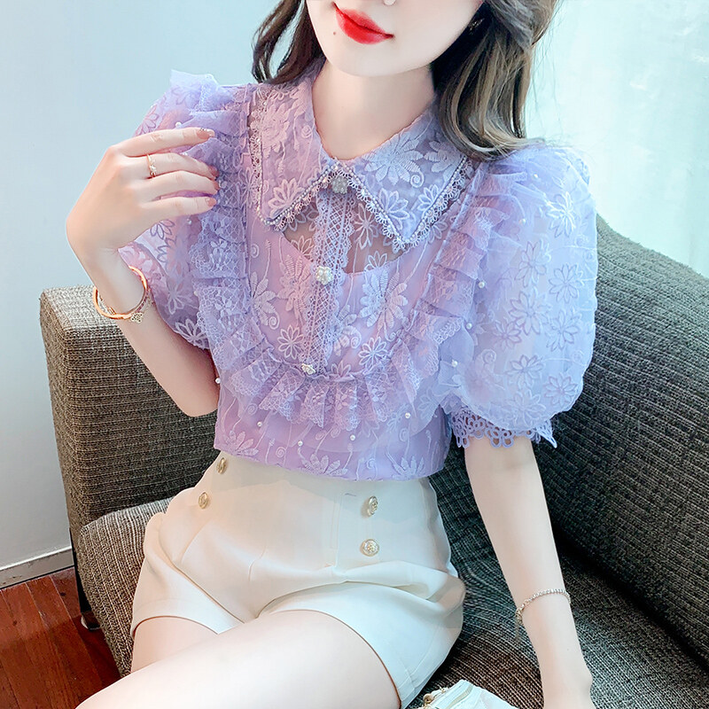 Summer 2022 New Lace Embroidered Short Sleeve Pretty Tops
