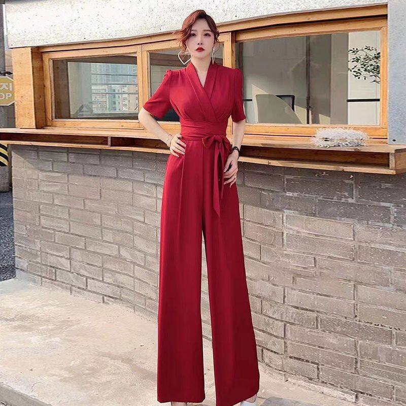 Jumpsuit Women Elegant Temperament Solid Color High Waist Slim Lace up Wide Leg Drop Feel
