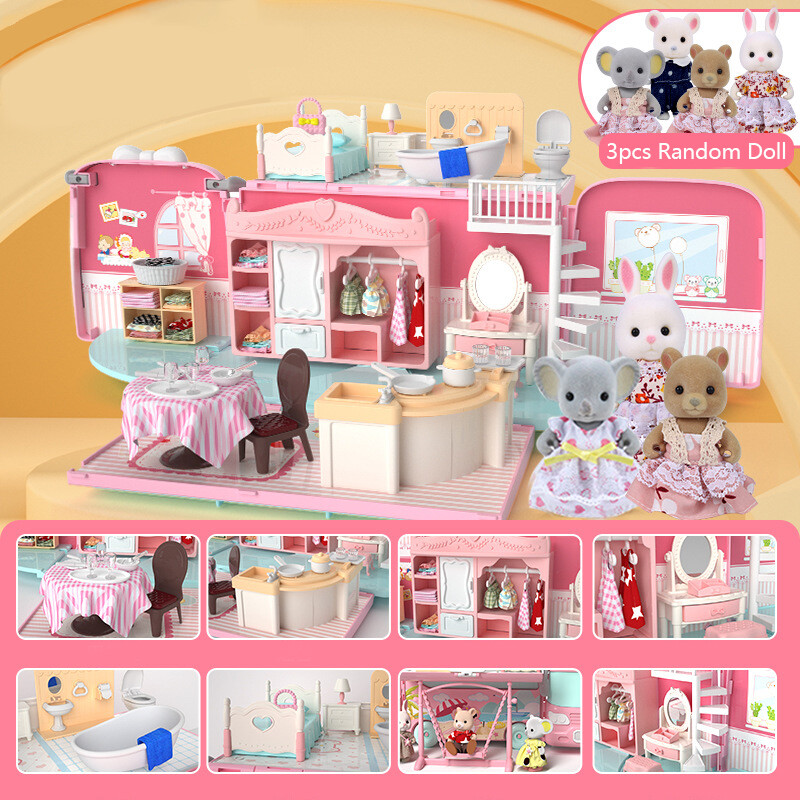 Kmoist Doll House Tour Bus Dollhouse Girls Toy DIY  RV Bedroom Dresser Kitchen Bathroom Pretend Toys Set for Kids Gift