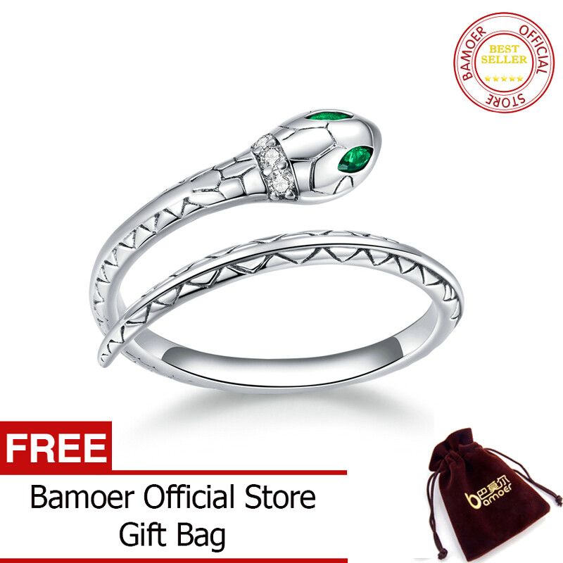 BAMOER Silver Adjustable Snake Ring 925 Sterling Silver Vintage Open Size Finger Ring for Women Statement Wedding Jewelry BSR169