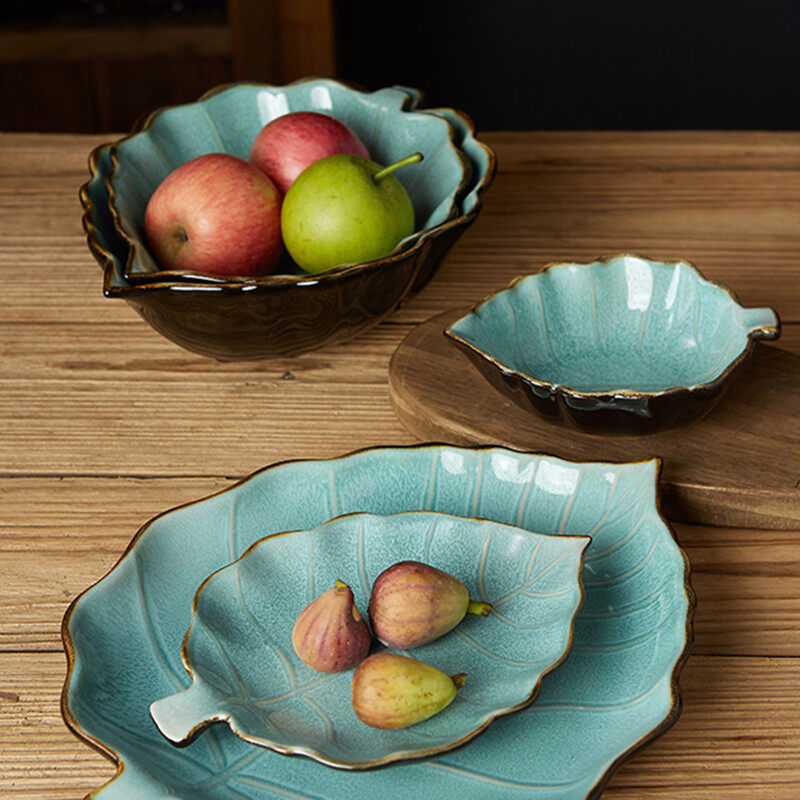 OMK Japanese Style Stoneware Leaf Shaped Salad Bowl Fruit Plate Ceramic Tableware Set