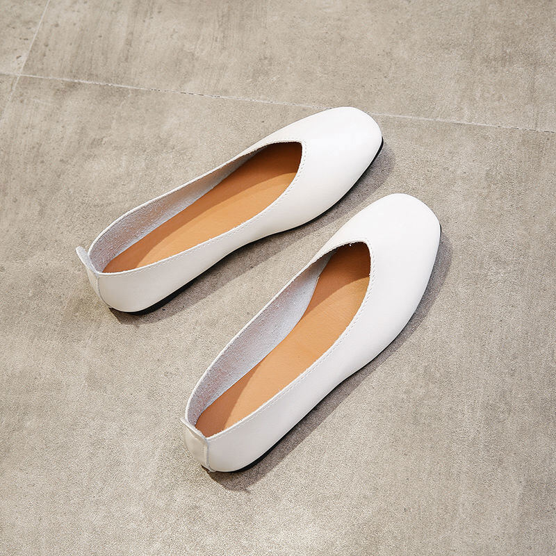 QiaoYiLuo Flat single shoes women's soft leather simple shallow mouth square toe soft bottom small leather shoes casual retro lazy peas grandma shoes