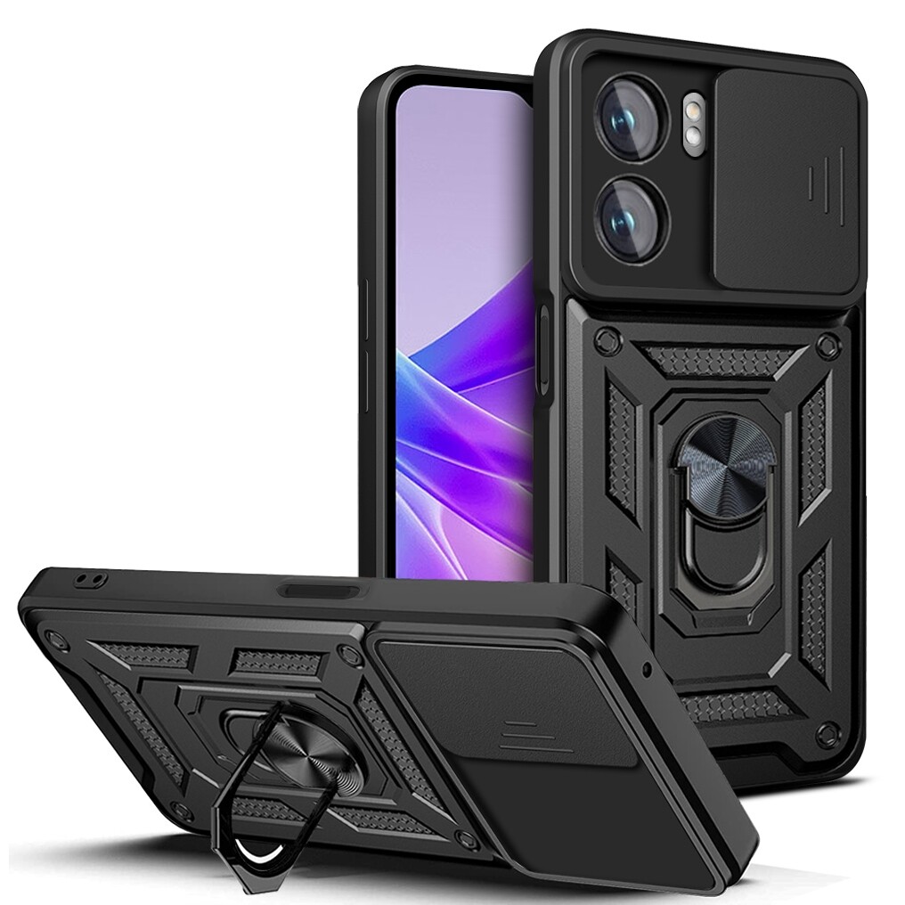 For OPPO A77/A57 Sliding Camera Design TPU + PC Phone Case(Black)