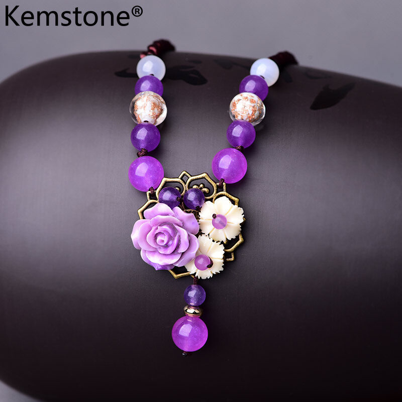 Kemstone Ethnic Style Resin Flower Purple Jade Beads Pendant Necklace Woven Rope Jewelry Gift for Women Girls