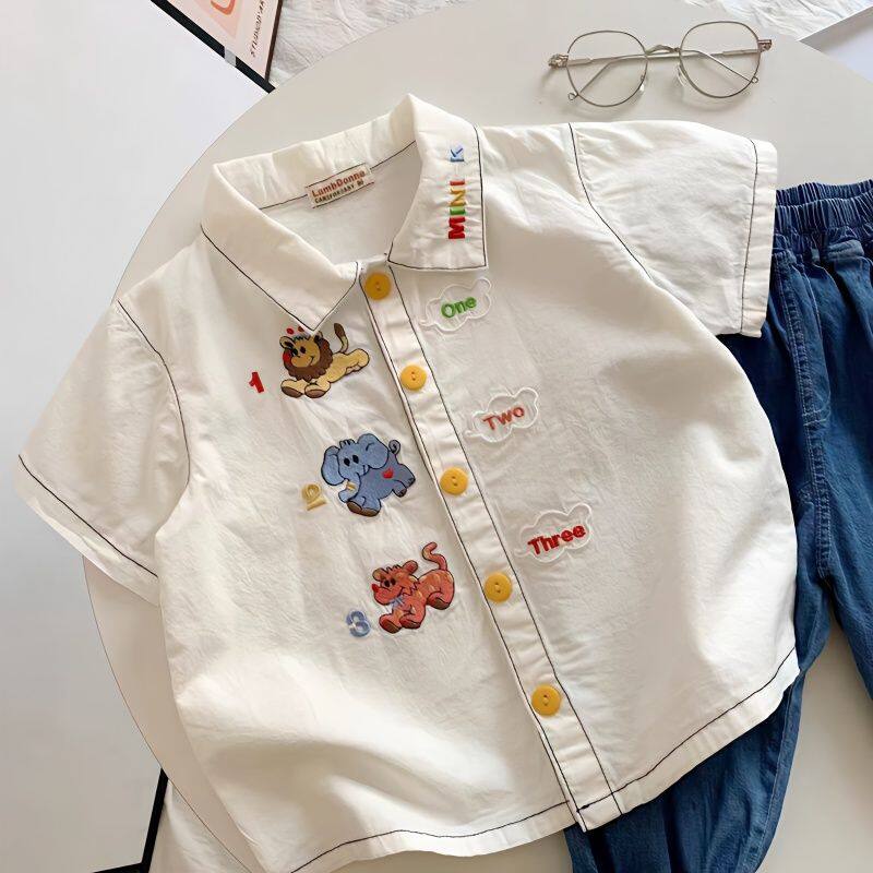 Shirt for Boys Cute Cartoon Embroidered Casual Cotton Shirt Small Children Fashion Korean Style Casual Shirt