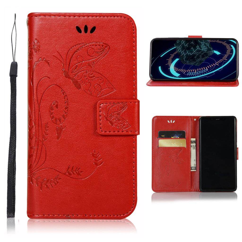 Gaya Lipat Baru Kepribadian Fashion Embossing Papillon Sarung Telepon Berpola (Pu Kulit dan Tpu) tombol Fungsi Dudukan Perlindungan Warna Solid Dompet Lembut Casing Ponsel dengan Sling untuk Samsung Galaxy J2 Pro (2018) (5.0