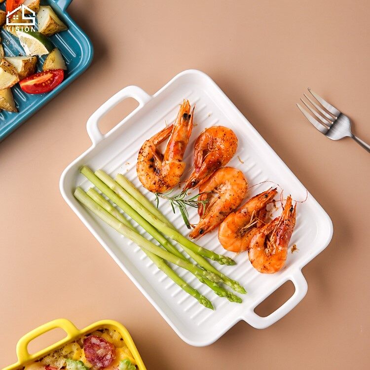 Khay Nướng Bánh Bằng Gốm Vision Chảo Phong Cách Bắc Âu Đĩa Ăn Tối Kích Thước Lớn Đĩa Nướng Có Tay Cầm