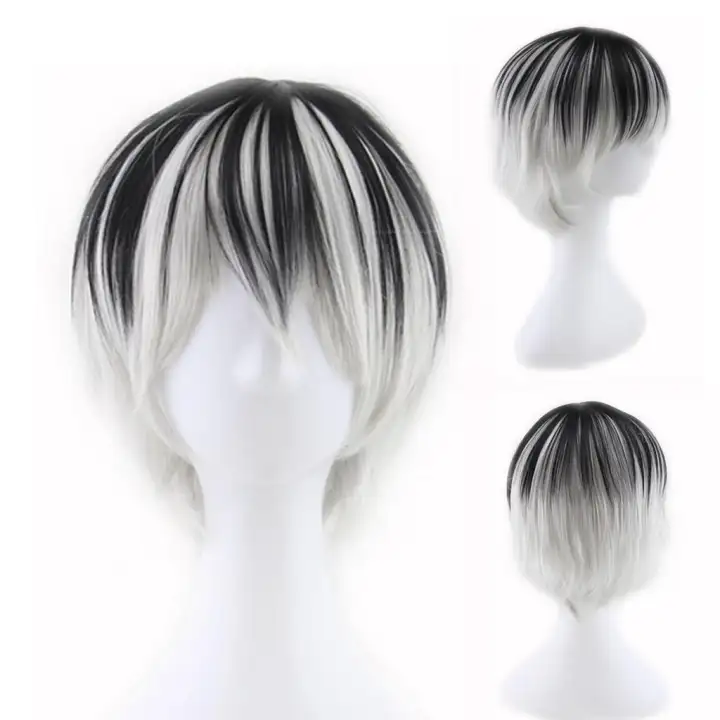 Men Mixed Black And White Gradient Fashion Short Hair Cosplay