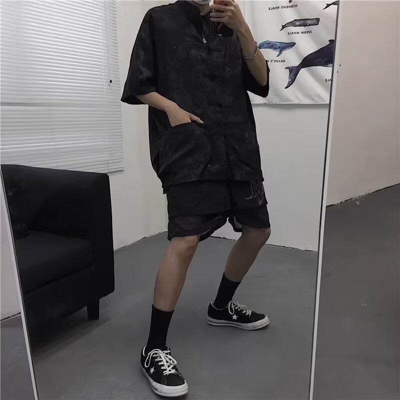 TIDE BEAR New short sleeve shirt men's vintage dark dragon pattern couple casual versatile shirt