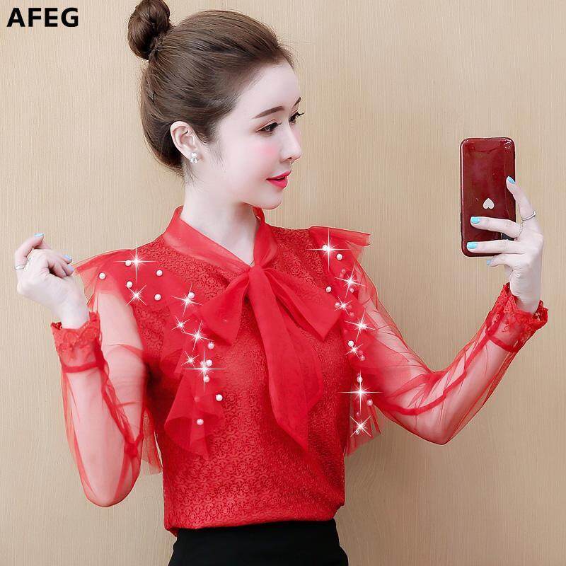 AFEG Áo sơ mi ren nữ phối voan lưới tay dài cổ thắt nơ phong cách Hàn Quốc thanh lịch dành cho nữ
