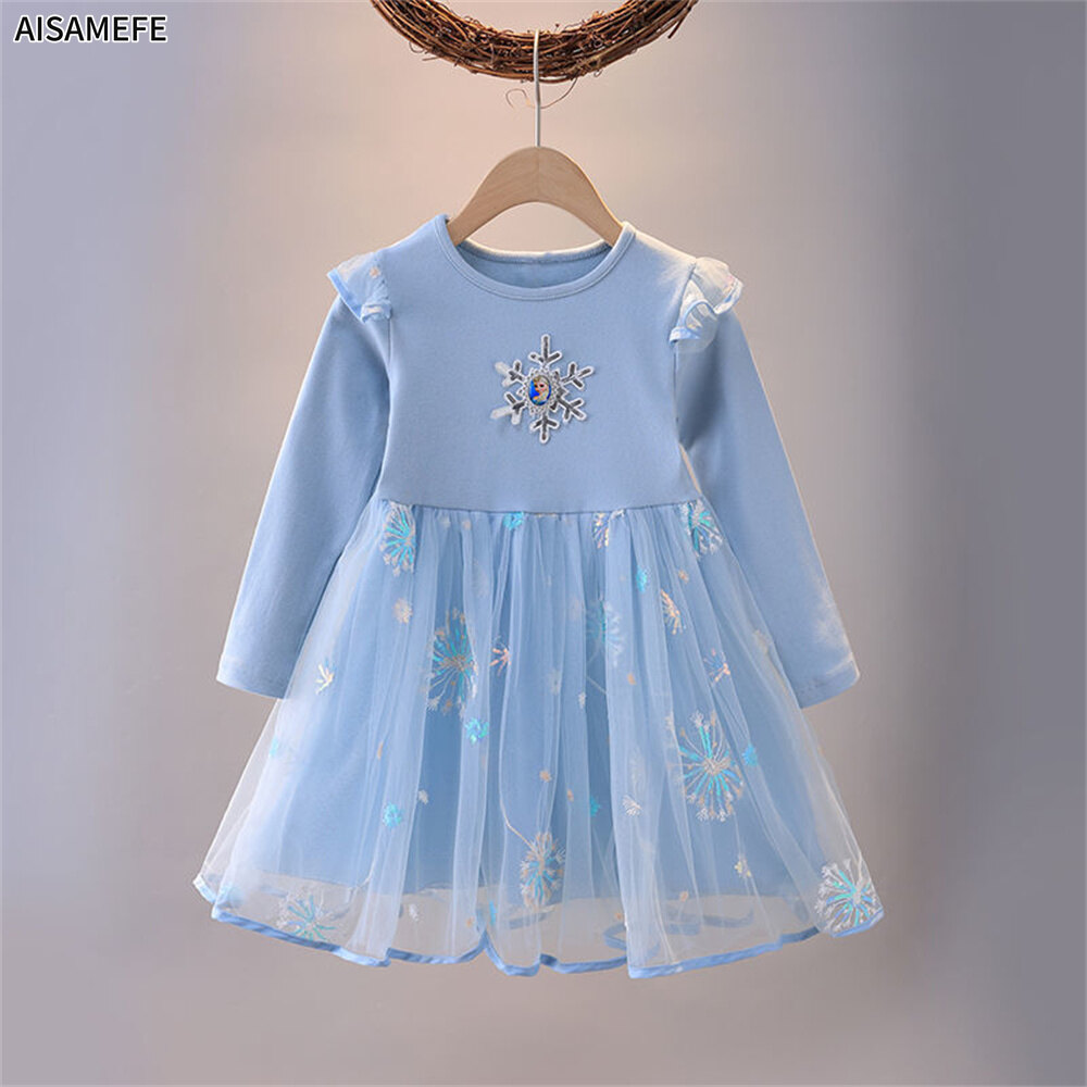 AISAMEFE New Frozen Kids Clothes Fashion Spring Long Sleeve Elsa Princess Dress Sweet Korean Style Girls Birthday Party Gown Performance Tutu Dress For Kids Girl