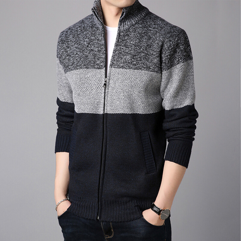 Áo Cardigan Cao Cổ Cho Nam FAVOCENT, Áo Len Đan Chắp Vá, Dáng Ôm