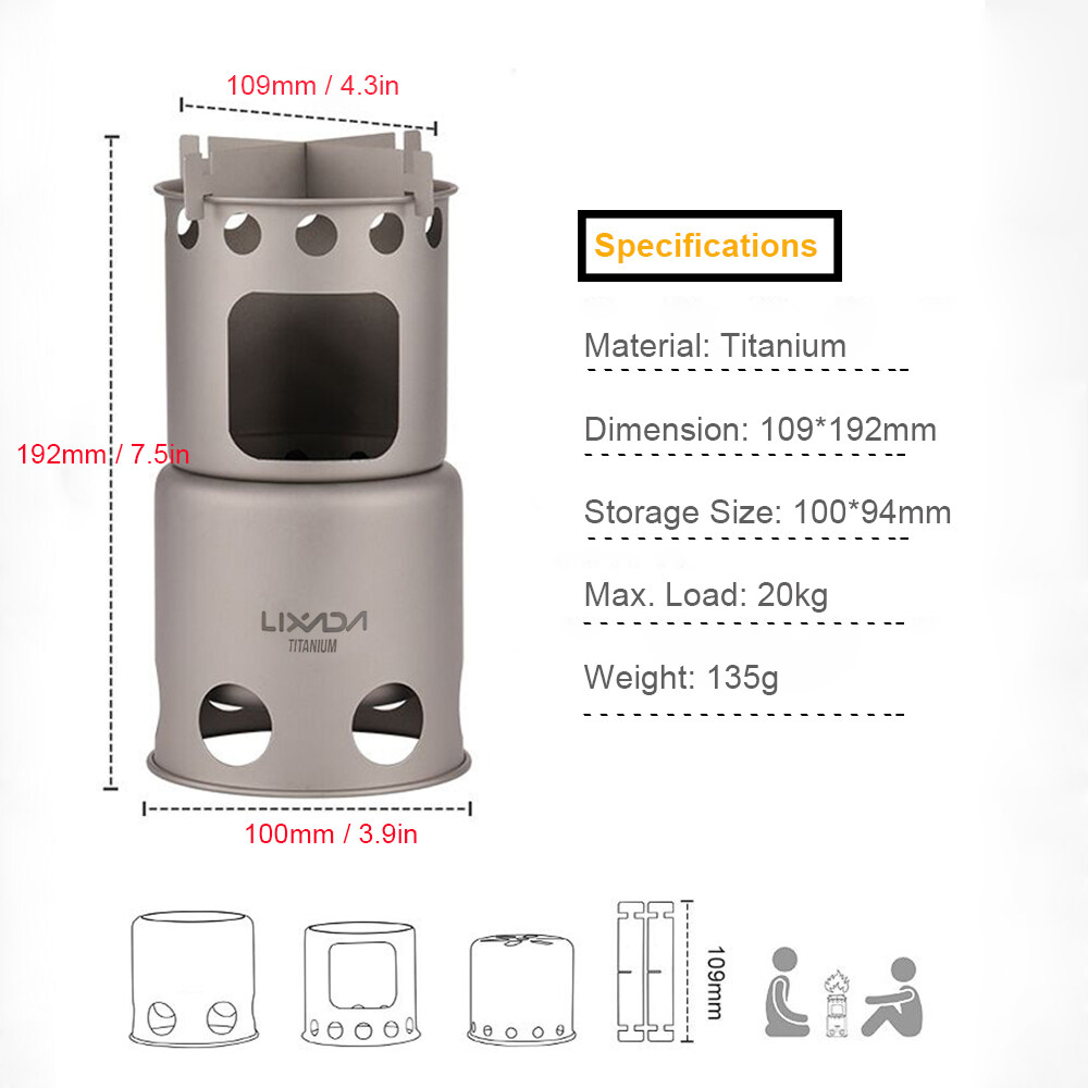 Tomshoo Lixada Portable Camping Wood Stove Folding Lightweight Titanium Wood Burning Backpacking 9085