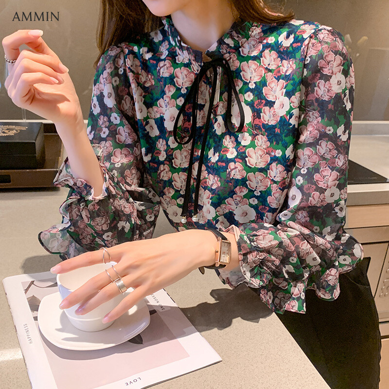 AMMIN 2023 spring gentle stand-up collar bow tie long-sleeved blouse women all-match age-reducing western style floral print lotus leaf stitching self-cultivation cover belly retro chiffon shirt top