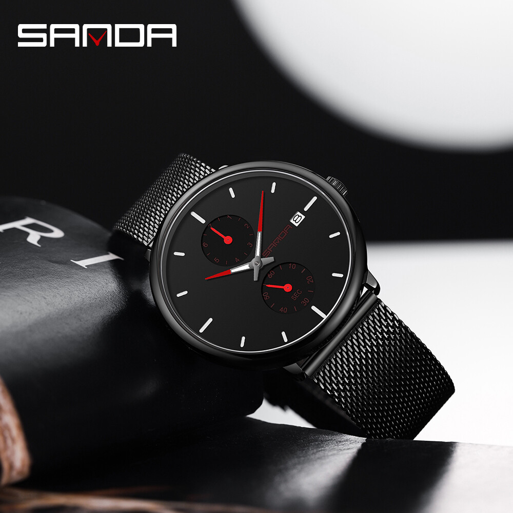 SANDA Men's Fashion Simple Quartz Watches Men Complete Calendar Week Display Luxury Business Wristwatch