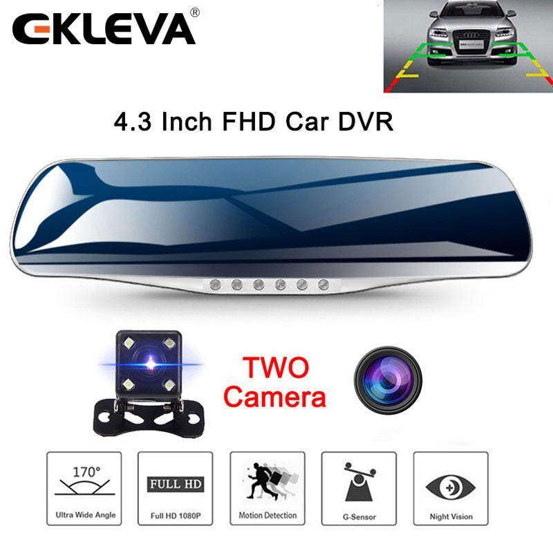 EKLEVA Automotive Car Camera DVR Night Vision 5 Led Lights Dash Cam Rear View Mirror DVR Dual Camera Video Recording System in Full HD 1080p Motion Detect Parking Control Loop Record Silver