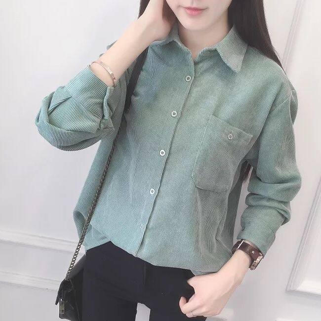 Autumn Winter Women's Loose Corduroy Shirt Long Sleeve Basic Coat with Pocket